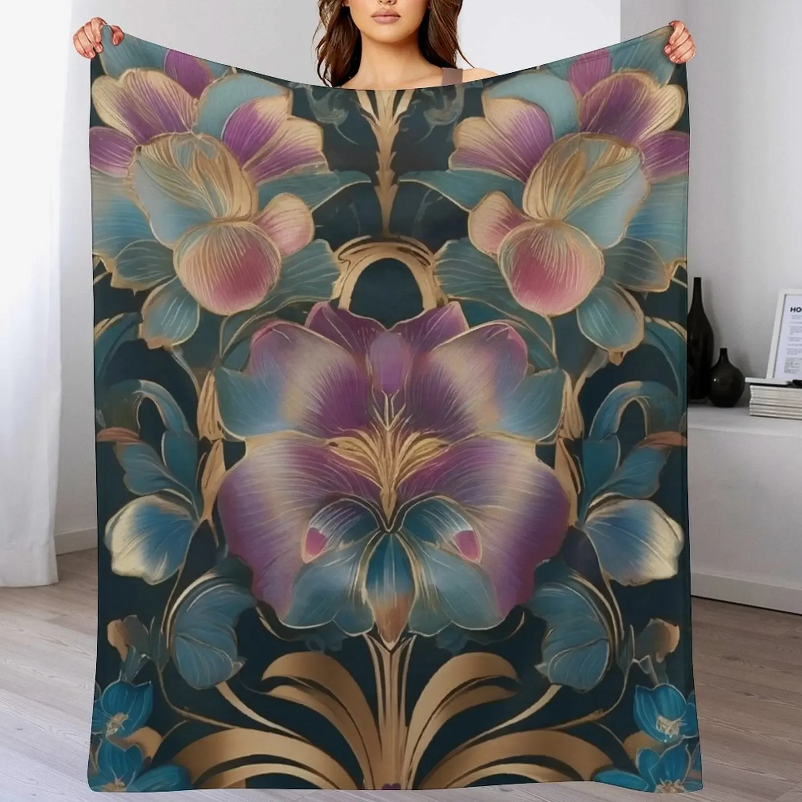 Art Deco Purple Gold Flower Pattern Throw Blanket Ultra Plush Cozy Blanket for Napping Sleeping