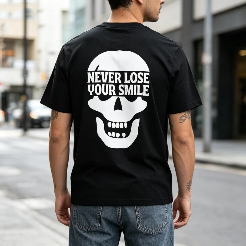 Never Lose Your Smile Skull Graphic T Shirt Back Print Motivational Skeleton Unisex Soft Cotton Crew Neck Top