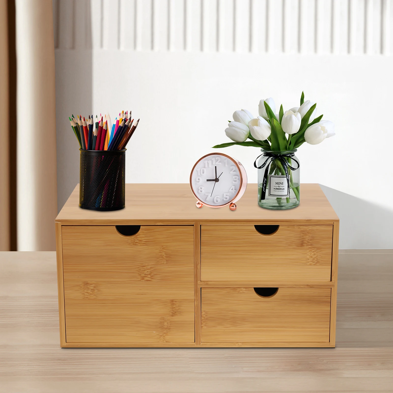 Organizador de escritorio de bambú con cajones, cajón de bambú, mini cómoda, organizador de madera para el hogar, oficina, cocina, baño