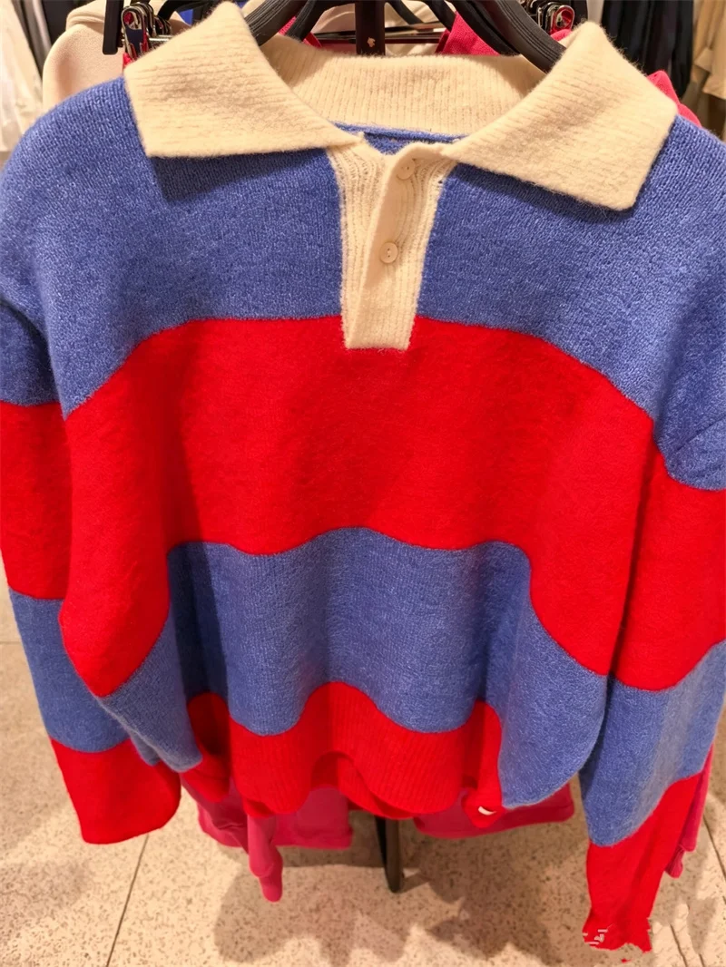 Guobioziy Women's Knit Sweater 2026 Early Autumn New Casual Fashion Versatile Long-Sleeve Striped Shoulder-Padded Polo Shirt
