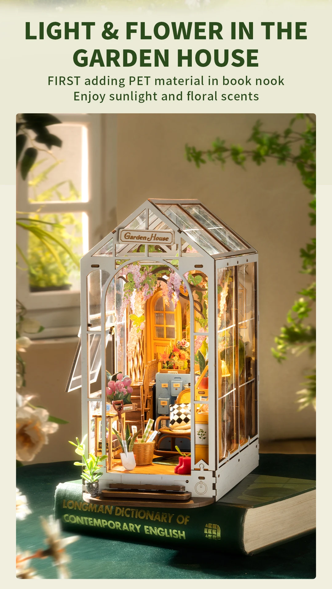 Robotime Rolife Garden House Book Nook Kit Easy Assembly Bookshelf Insert Ideal Home Decor Toy Gift for Kids Women & Girls TGB06