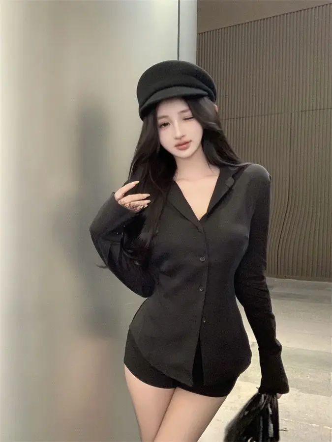 Backless Lace Youthful Fashion Black Long Sleeve Shirt Women V Neck Patchwork Elegant Basic Blouse Lady Office Casual White Top