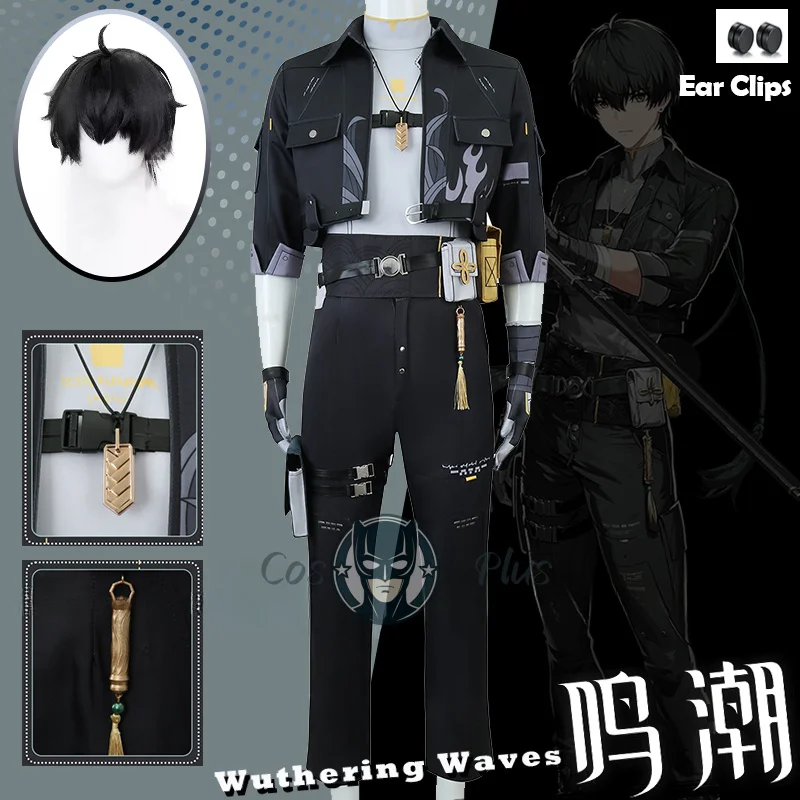 Wuthering Waves Rover-Disfraz de Cosplay para hombre, peluca, chaqueta resonadora, uniforme, guantes, collar, bolsa, Clips para las orejas, fiesta de Halloween