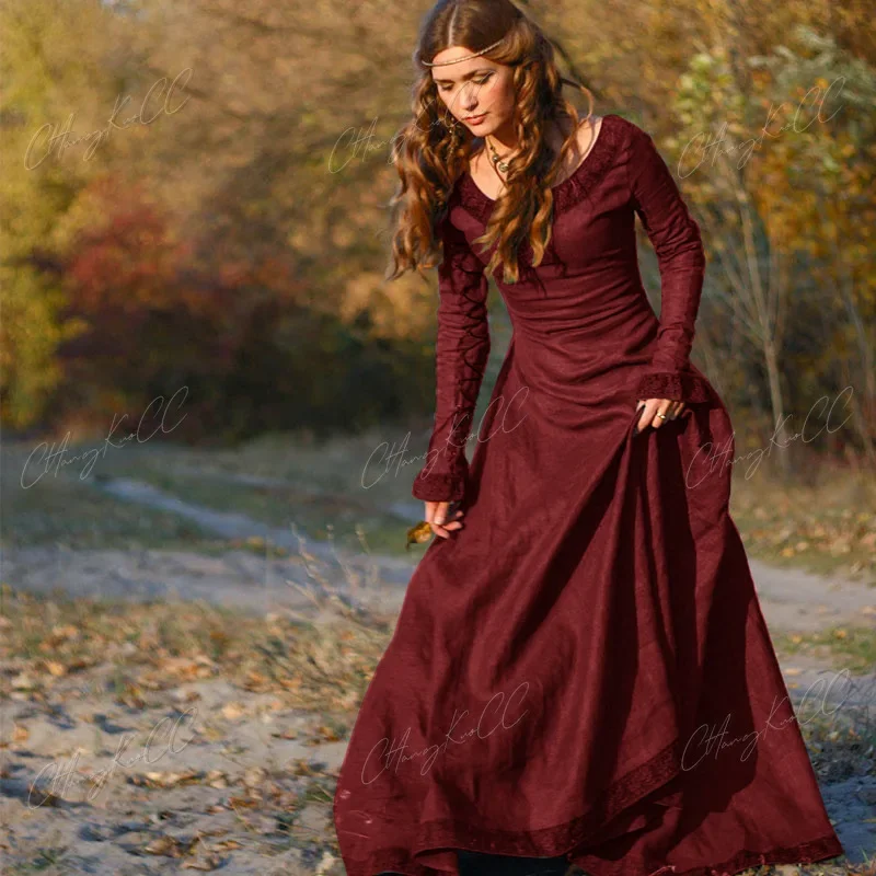 Robe longue Renaissance médiévale, robe de reine celtique, fête d'Halloween, costume de cosplay, col rond, robe maxi S-3XL