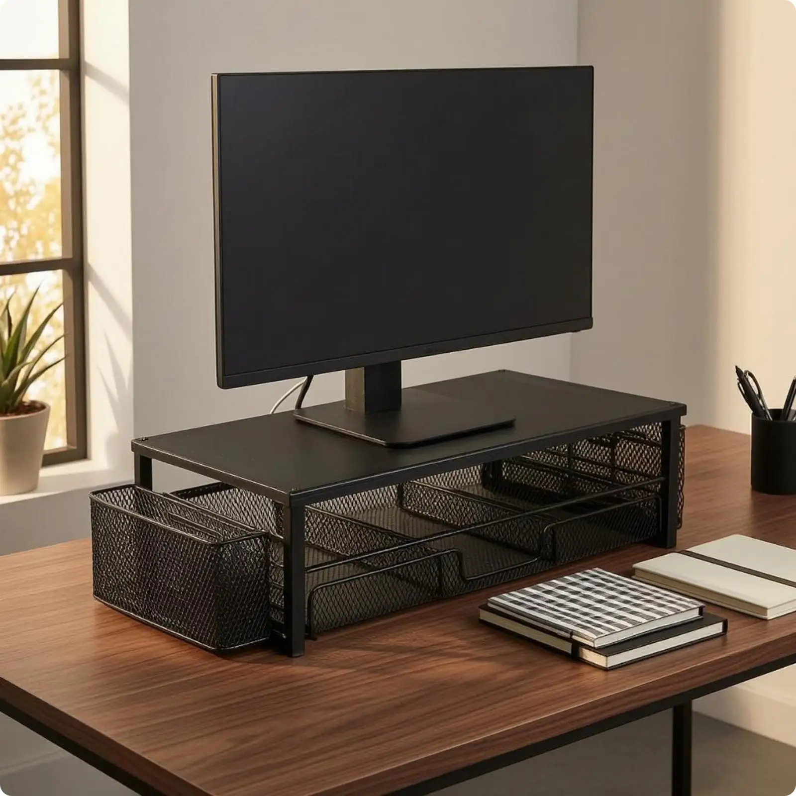 Monitors Stand Riser Organizer Mesh Display Riser with Drawer Metal Desktop Organizer
