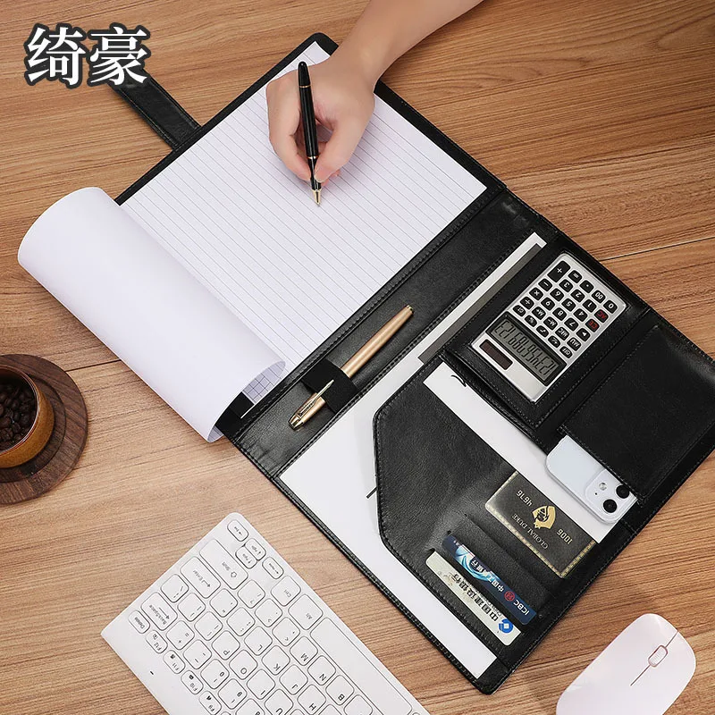 Multifunctional Business Stationery Folder Leather Can Be Equipped with Built-in Calculator, Cards,Phones, Ideal Bill Organizer