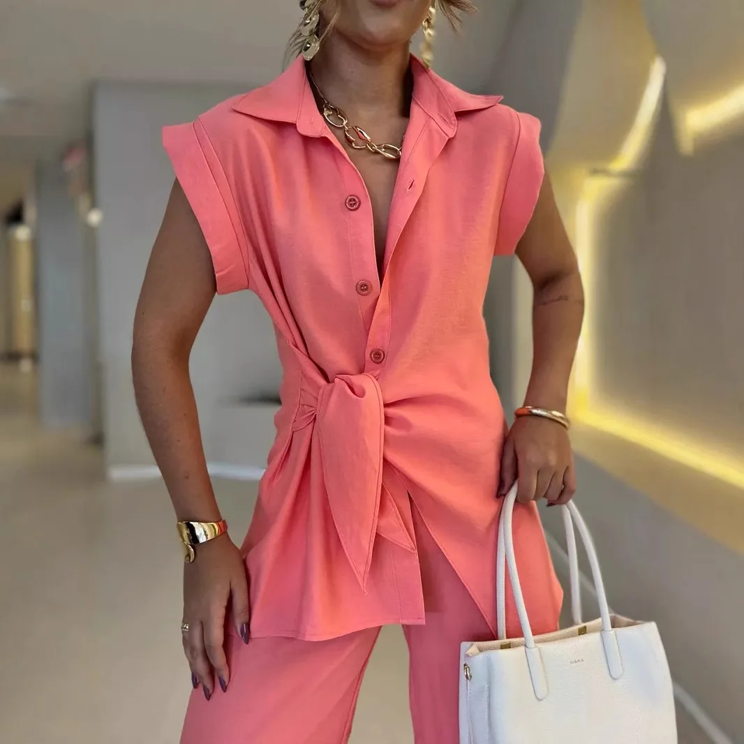 Women Tie Waist Short Sleeve Top Two-Piece Set High Waist Casual Pants Matching Set Relaxed Co-Ord Set Chic Coord Outfit Set