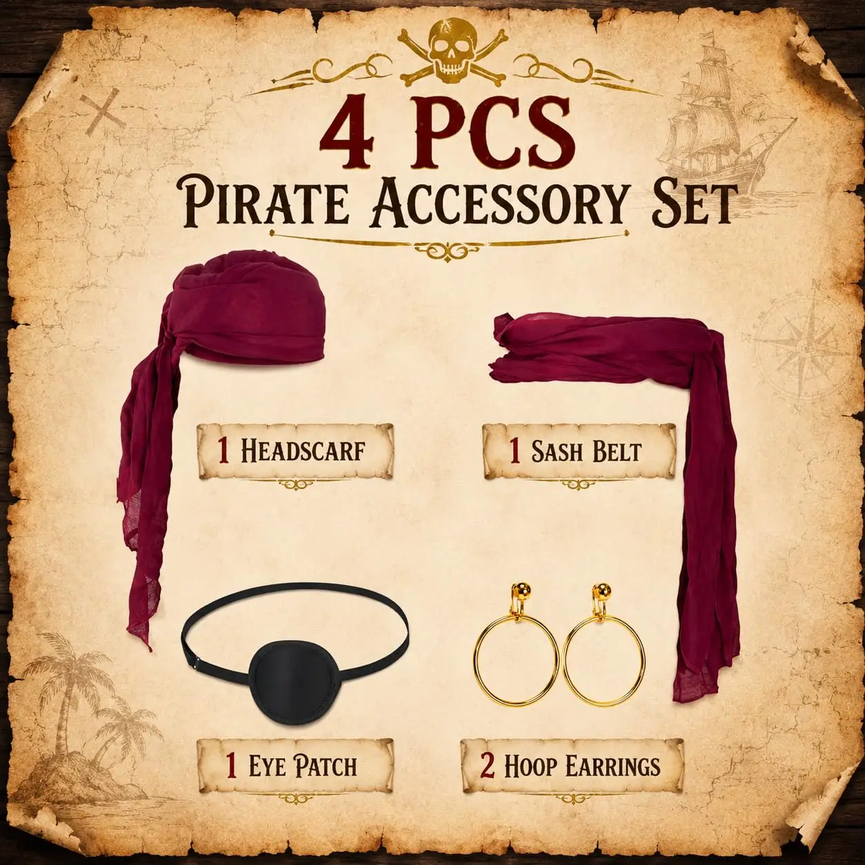 Pirate Accessories for Men Women Halloween Pirate Costume Set Red Pirate Bandana, Pirate Sash Belt, Pirate Head Scarf and Waist Scarf for Adult Cosplay, Renaissance Fair, Stage Party