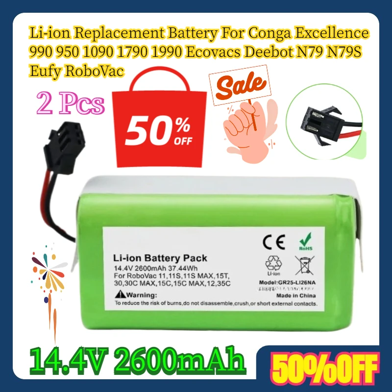 

2 Pcs 14.4V 2600mAh Li-ion Replacement Battery For Conga Excellence 990 950 1090 1790 1990 Ecovacs Deebot N79 N79S Eufy RoboVac
