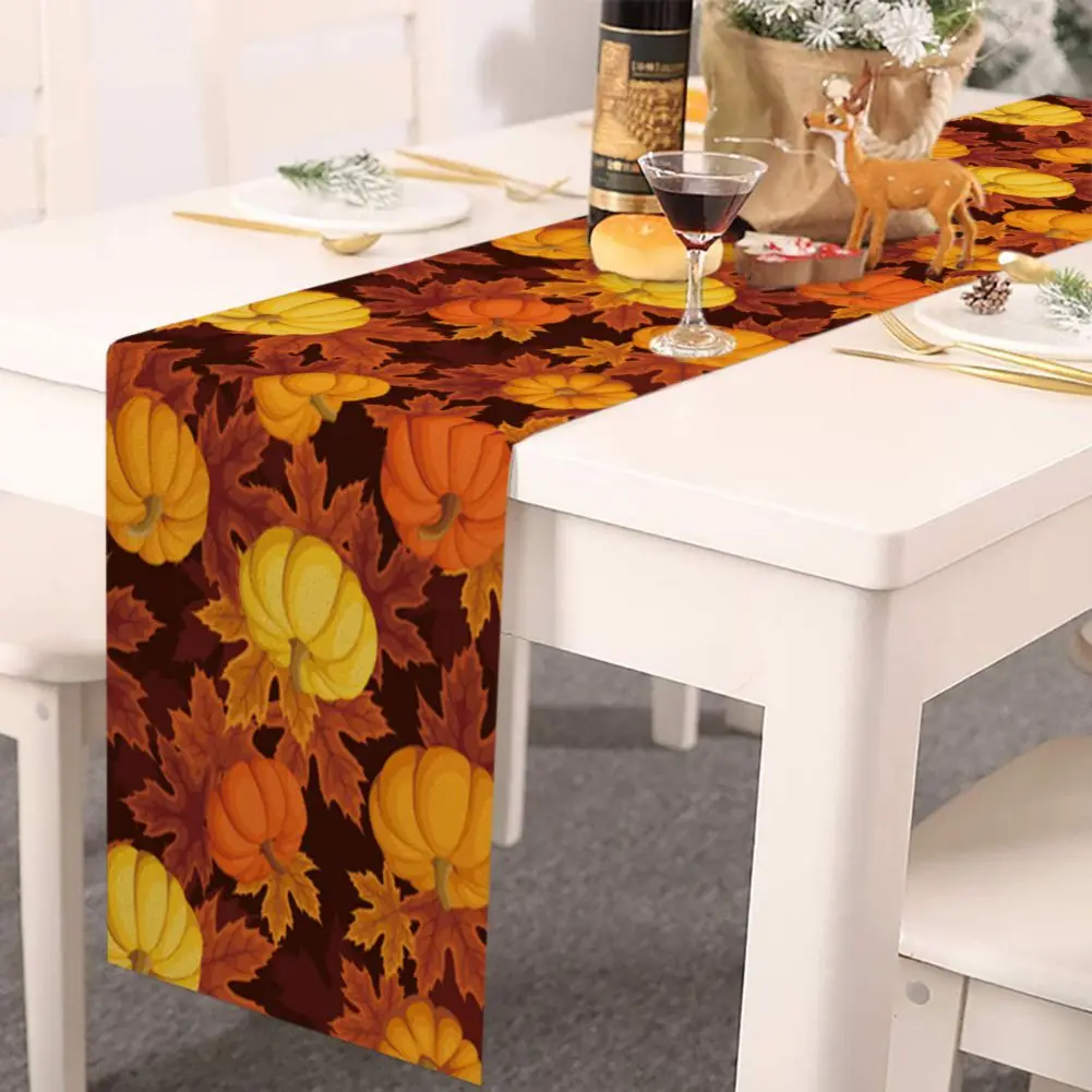 

Thanksgiving Table Runner with Pumpkin Maple Leaves Design Autumn Orange Fall Table Scarf for Holiday Party Buffet Centerpiece