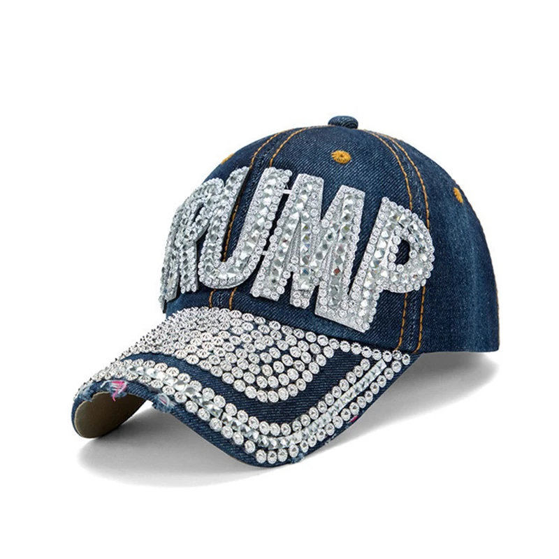 Patriotische Wahltags-TRUMP-Fans-Geschenk, Trendige Kopfbedeckung, Glitzer-Baseballkappe, Denim-Bling, Strass-USA-Flagge, 2024 MAGA, Dad Hat