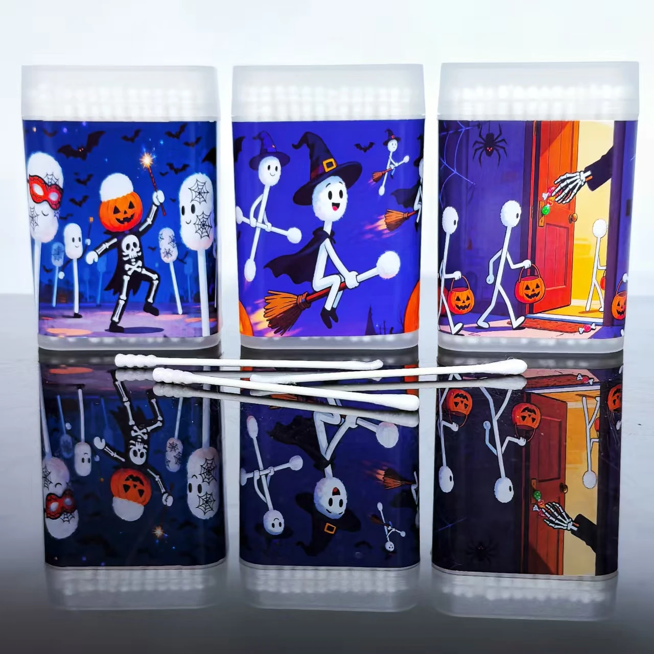 300pcs Halloween Trick-or-Treat Themed Cotton Buds, Double-Headed Thin-Shaft Paper Stick Household Cotton Swabs