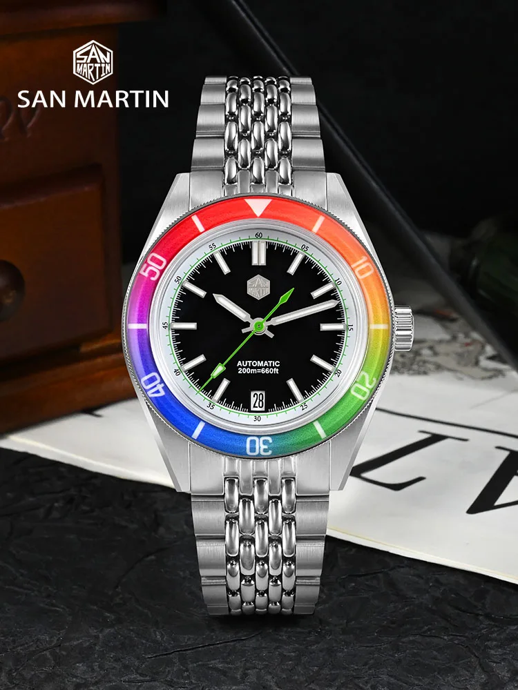 San Martin Men Watch Fashion Sapphire Rainbow Bezel Full Luminous 39.5mm NH35 Automatic Mechanical Waterproof 200m Date SN0116