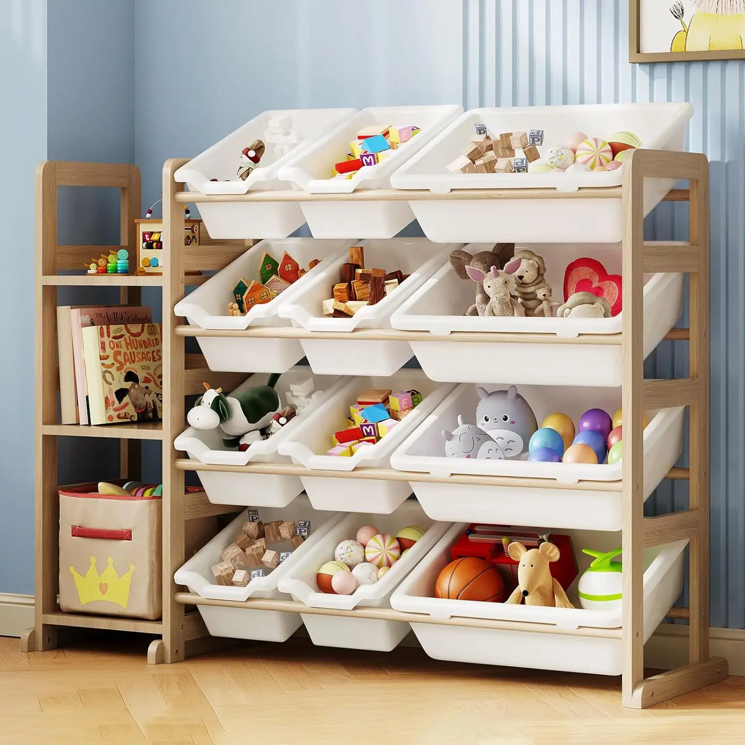 

Kids Toy Storage Organizer with 12 Bins & 3 Shelves, White Wooden Bookshelf for Playroom Bedroom Nursery
