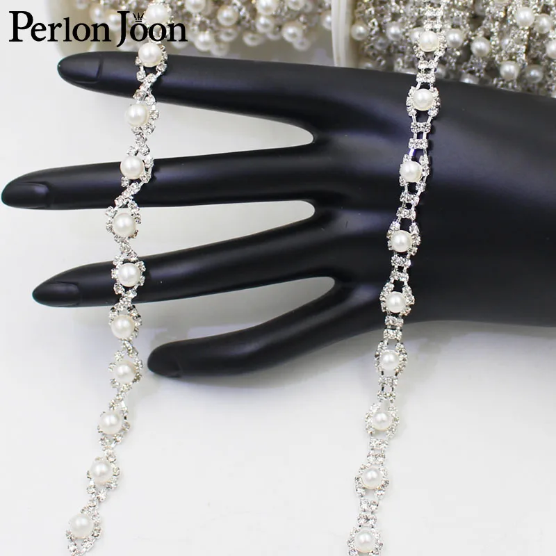 Two styles small pearl crystal Manual  rhinestones trim Ribbon metal chain  for dress, bag, shoes accessories ML006-007