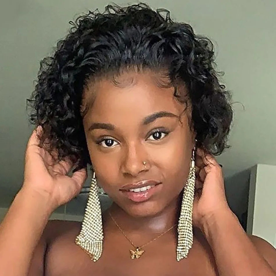 Pixie Cut Wig Short Curly Human Hair Wigs Cheap 180% Density 13X1 Lace Frontal Human Hair Transparent Lace Wig For Black Women