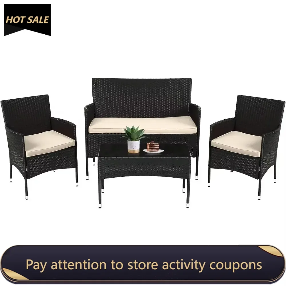 Patio Furniture Set 4 Pieces Outdoor Rattan Chair Wicker Sofa Garden Conversation Bistro Sets for Yard