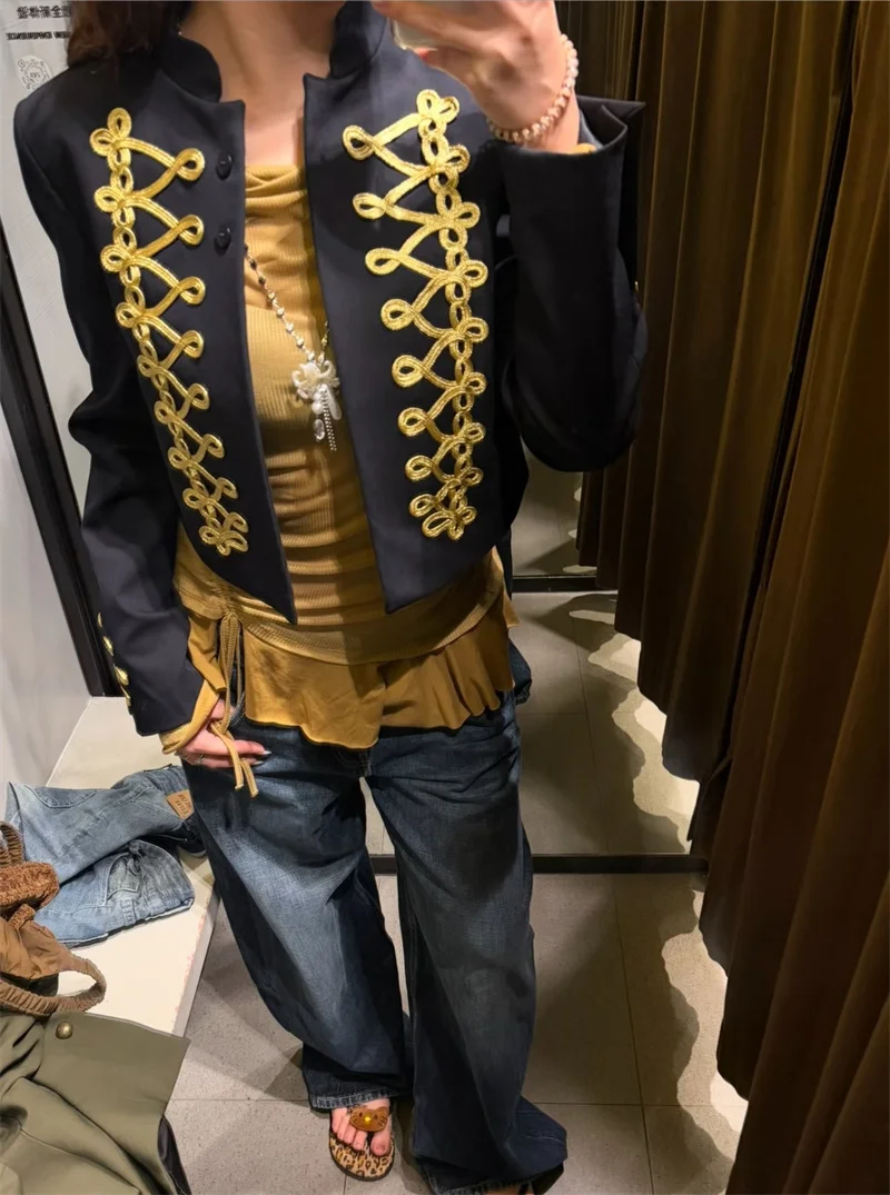 Guobioziy Women's Coat 2026 Early Autumn New Arrival Fashion Retro Napoleon Round Neck Long Sleeve Rope Knot Button Short Blazer