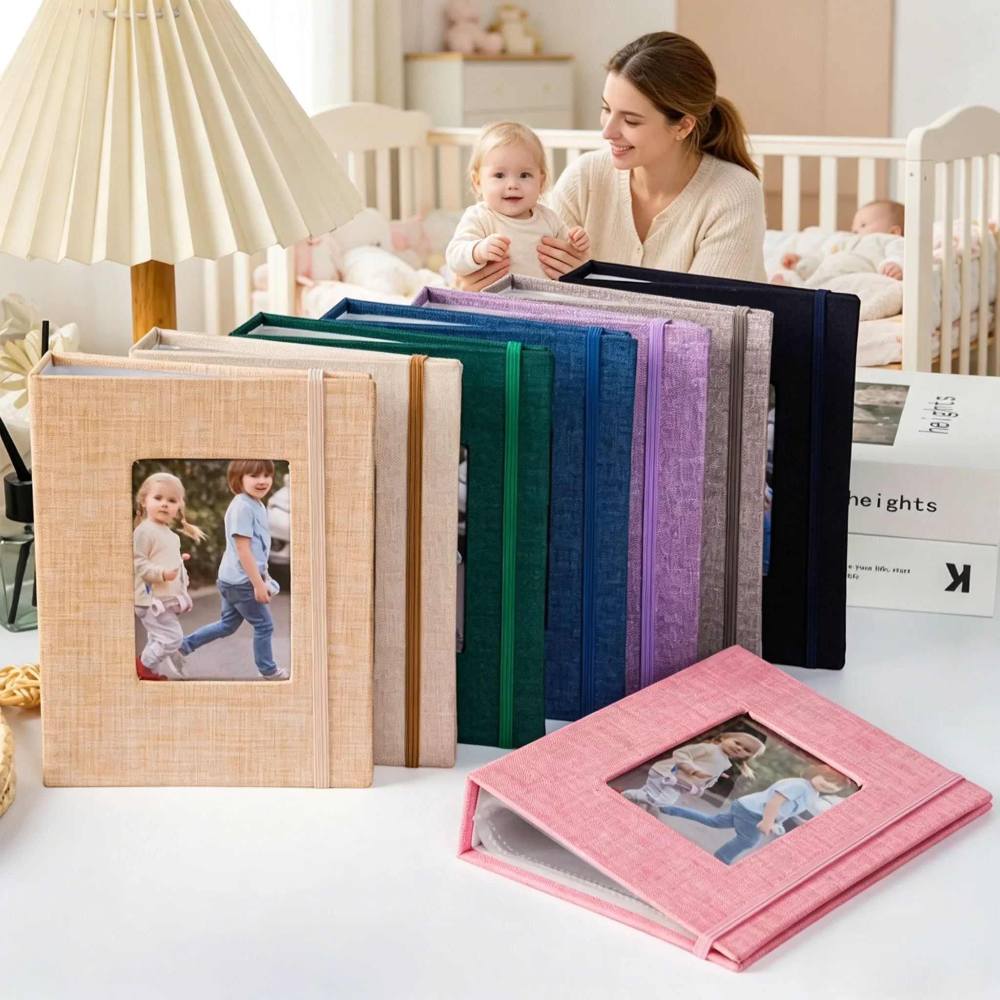 Mini Linen Photo Album with Display Window, Holds 104 Pcs 3-inch Photos, Ideal for Nursery Decor, Growth Record and Newborn Gift