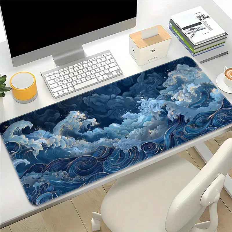 

XXL Gaming Mouse Pad, Blue Japanese Wave Design, Large Non-Slip Rubber Base, Extended Computer Keyboard Mat for Work and Gaming