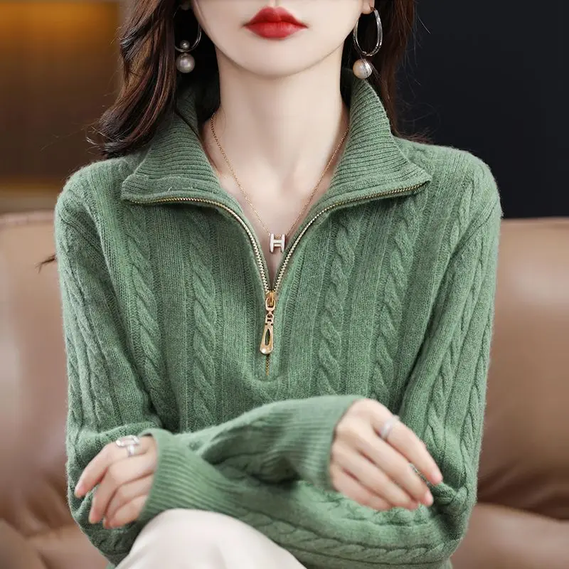 Autumn and Winter Women\'s Solid Color Pullover Round Neck Zipper Long Sleeve Loose Fit Knitted Woolen Underlay Fashion Tops