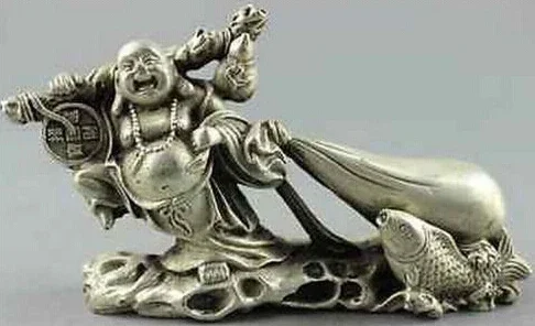Collectible Decorated Old Handwork Carving Buddha & Fish & Fiscal Statue