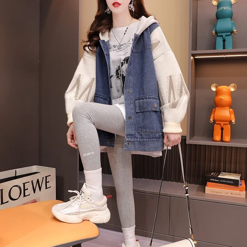 Autumn Winter New Fashion Denim Patchwork Sweater Cardigan Women's Loose Design Sense Korean Hooded Knitted Thick Jacket