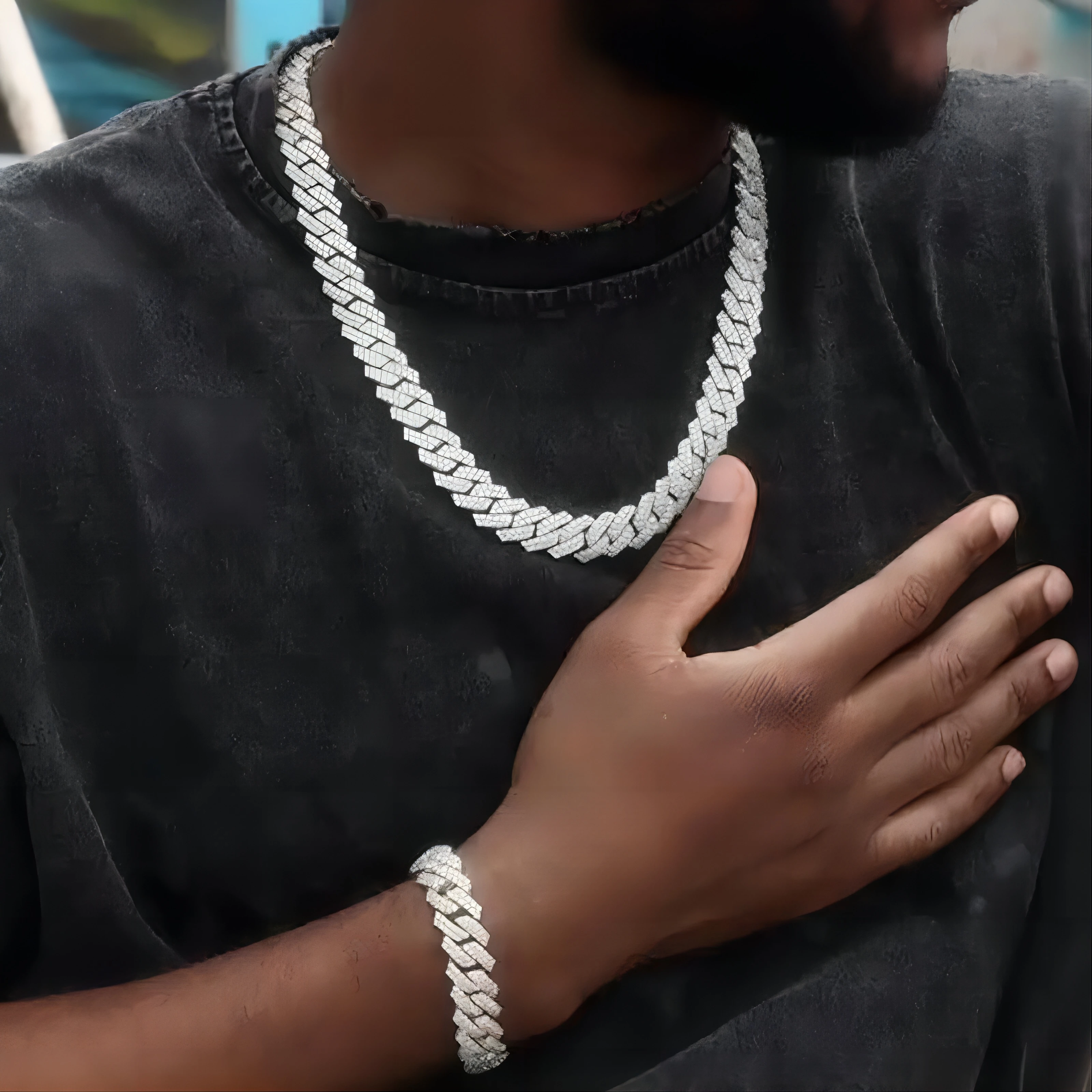 Men Women Hip-hop Punk Cuban Chain Stylish Sliver Cuban Chain+Bracelet 2-in-1 Set Personality Trend Street Style Jewelry Gift image 5