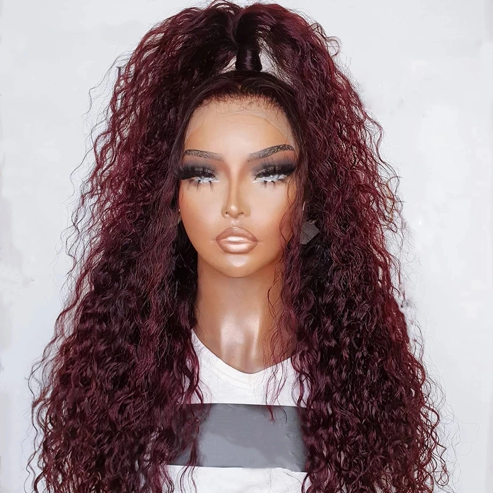 26Inch Long 180Density Wine Burgundy Kinky Curly Lace Front Wig For Black Women Baby Hair Heat Resistant Glueless Preplucked 99j