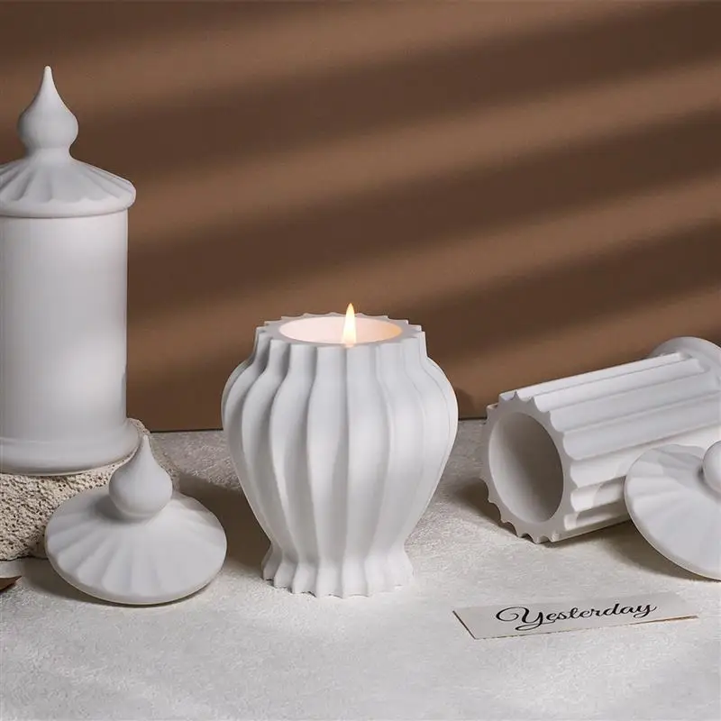 Roman Column Stripe Candle Jar Silicone Mold With Lid European Style Gypsum Cement Cup Flower Vase Resin Mold DIY Jewelry Making