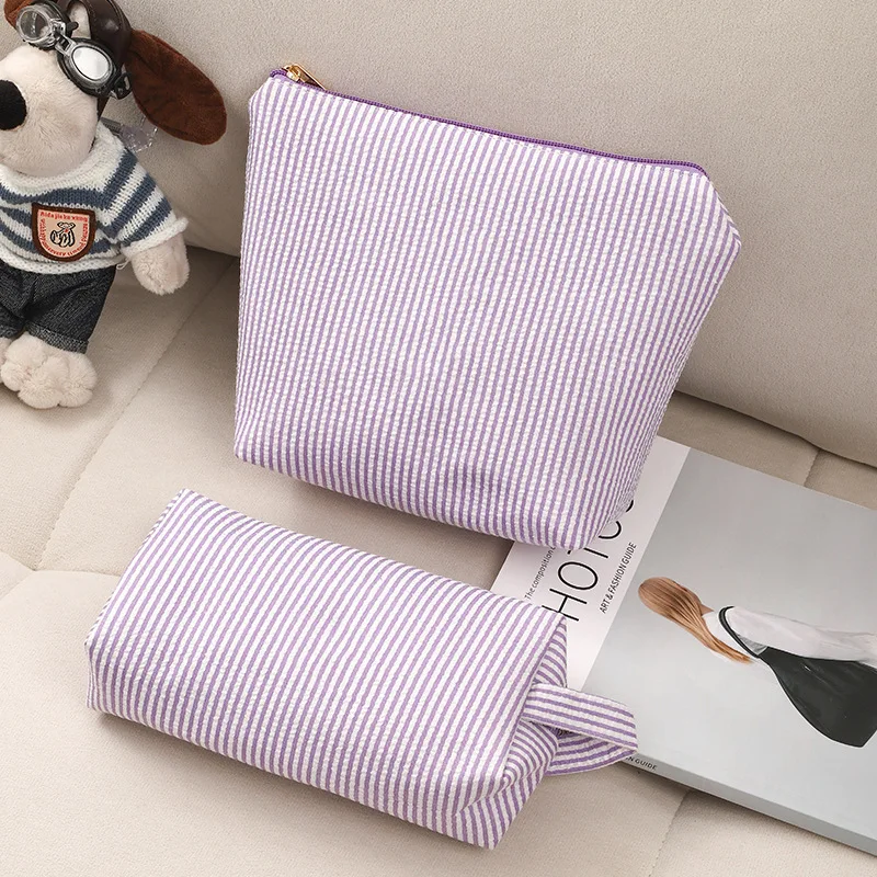 2 Pcs Set Women's Cosmetic Bags Large Capacity Ladies Stripe Toiletry Bag Makeup Case Travel Female Storage Handbag Clutch Purse