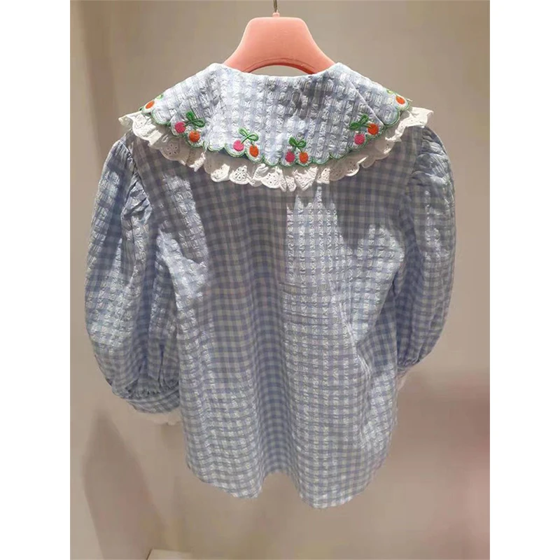 Kawaii Plaid Shirts Women Japanese Cute Cropped Lace Patchwork Blouses Summer Fashion Embroidery Puff Short Sleeve Design Tops view 2