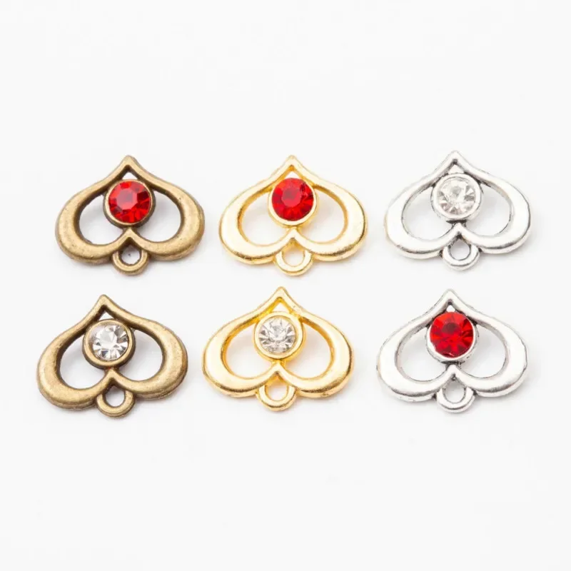 

New 10pcs 13*16mm Retro Zinc Alloy Hearts Inlaid Crystal Glass Beads Charms Pendants Connectors DIY Jewelry Accessories