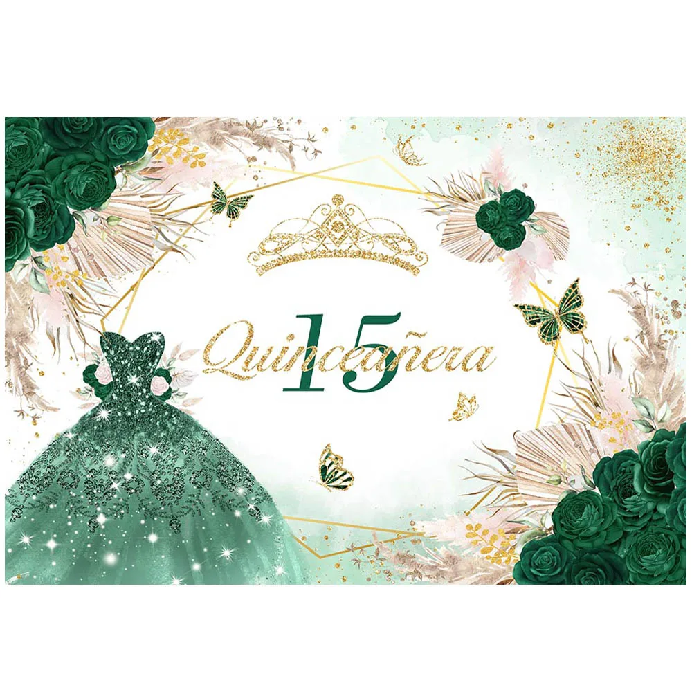 Mocsicka Bohemian 15th Birthday Backdrop Green Dress Flowers Girl Fifteen Birthday Party Decor Background Quinceañera 15 Poster