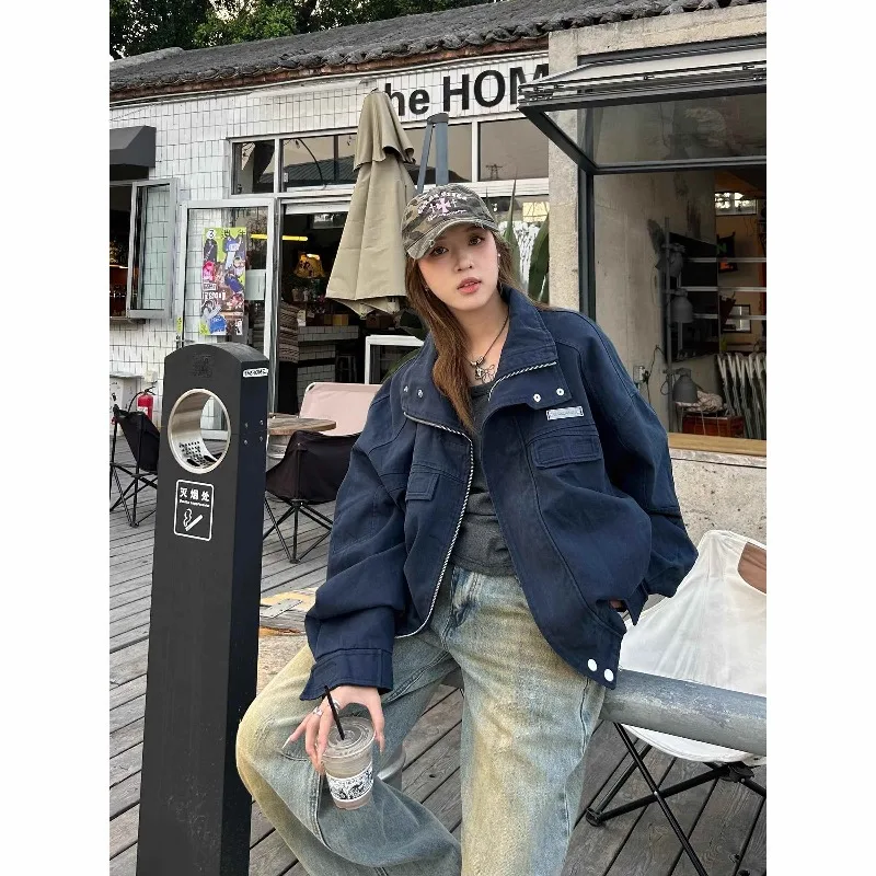 

Lemongor женская темно-синяя куртка оверсайз в стиле BF с длинными рукавами и карманами на молнии, повседневная свободная уличная одежда, верхняя одежда 2025