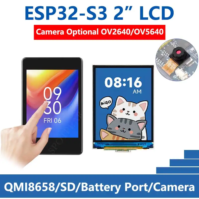 

ESP32 S3 LCD Camera Development Board 2 inch Display Battery Port LVGL/QMI8658 Sensor / HMI For Arduino