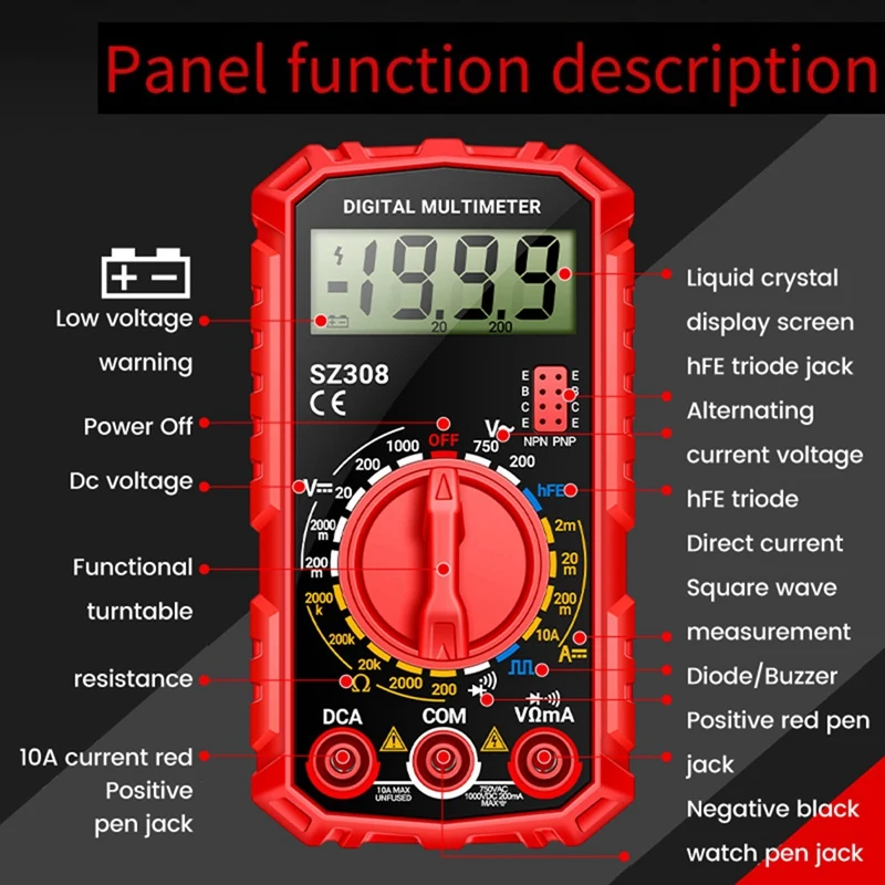 B-T SZ308 Digital Multimeter Voltage Resistance Meter AC/DC Current Meter Electrician LCD Backlight Ohm Square Wave Test