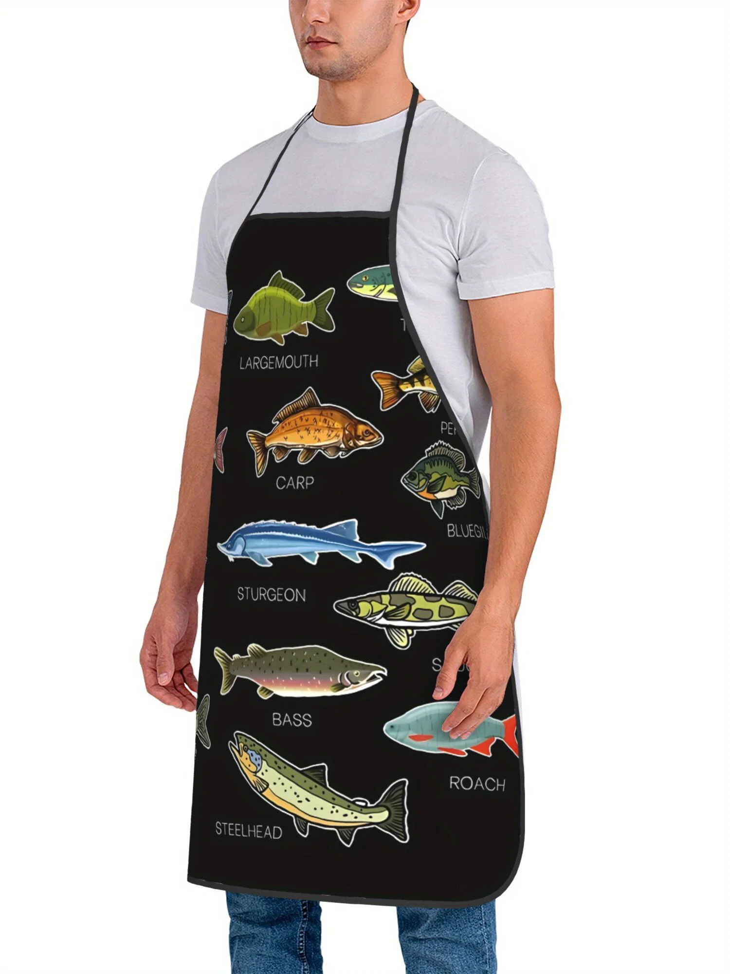 Vintage-Style Fishing-Themed Apron for Men & Women , Machine Washable, Black with Colorful Fish Print for Cooking & Restaurant