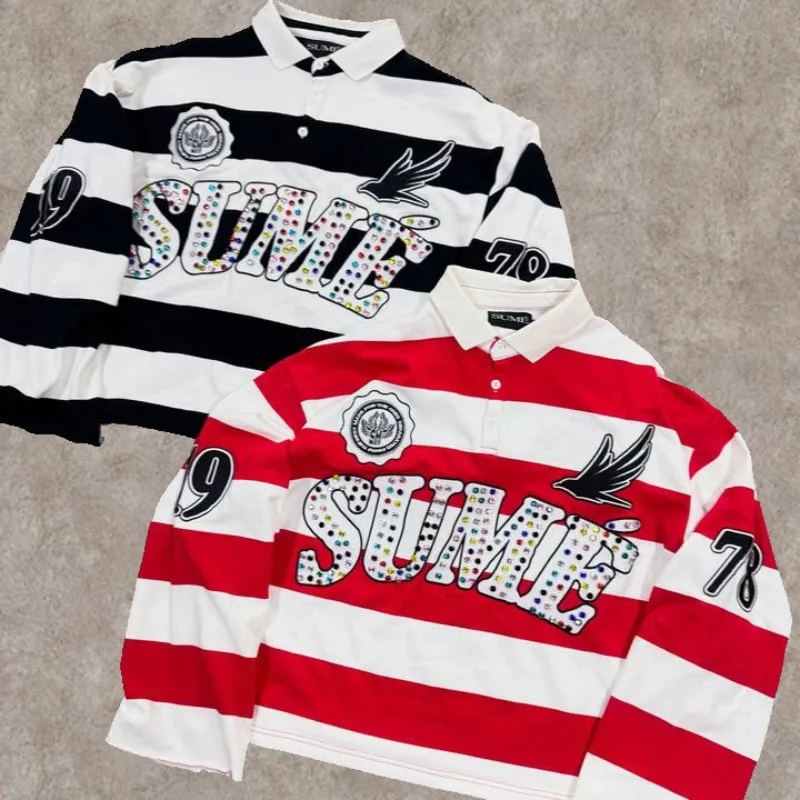 

Y2K Ретро рубашка-поло с длинными рукавами в полоску Sume с вышивкой Мужская трендовая спортивная хип-хоп повседневная уличная одежда унисекс Boxy Clothing