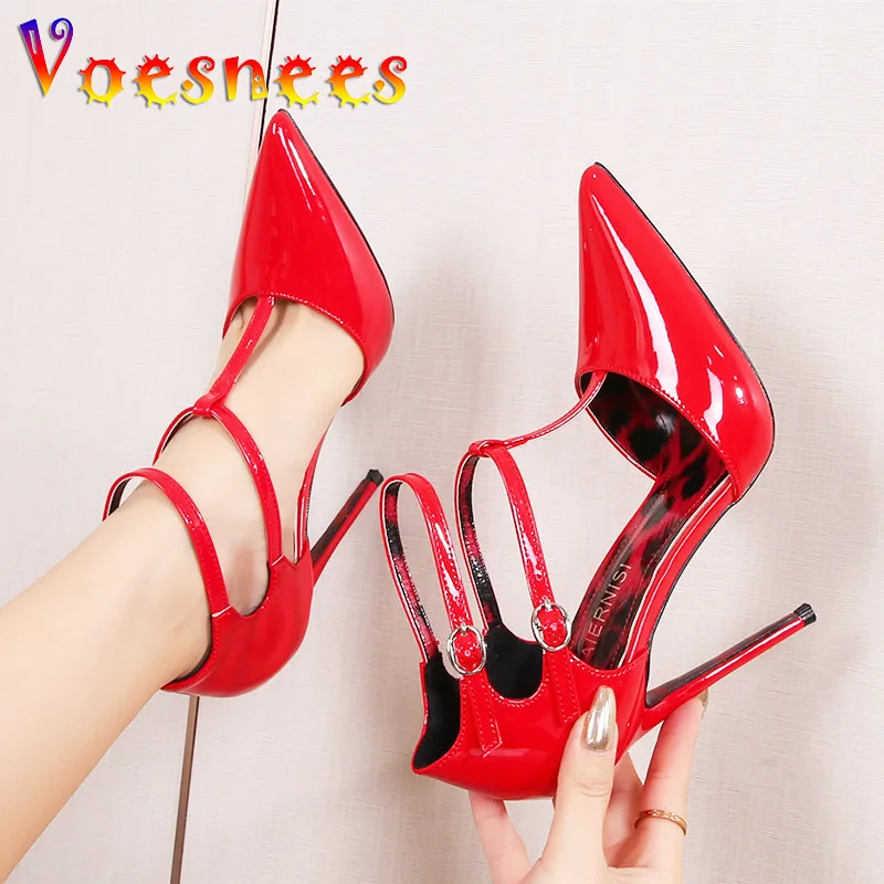 Summer Side Empty Elegant Women High Heels 12CM Fashion Pointed Head Party Single Shoes Red T-Band Wedding Dress Stilettos Pumps