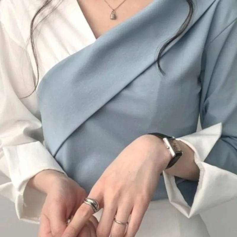 Mode coréenne tempérament manteau Style automne femmes hors épaule Blouse Vintage contraste couleur mince Chic haut dame