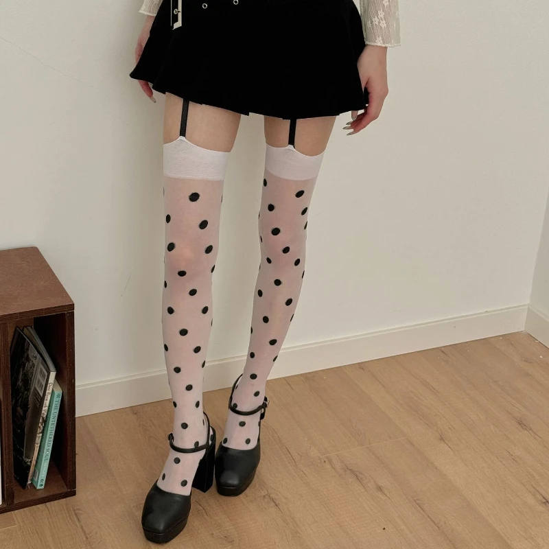 Polka Dot Tights Women Sexy Suspender Thigh High Stockings Lingerie Hosiery Ultra-thin Printed Stockings Pantyhose Women Tights
