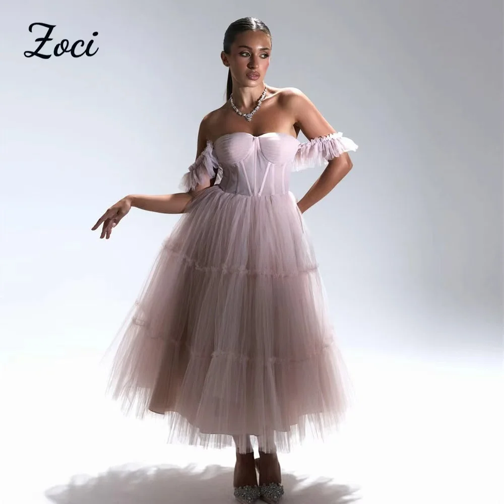 Zoci Poussière ﻿ Robe de bal rose mi-longue, personnalisée, épaules dénudées, robes de bal formelles, longueur thé, pour occasions spéciales