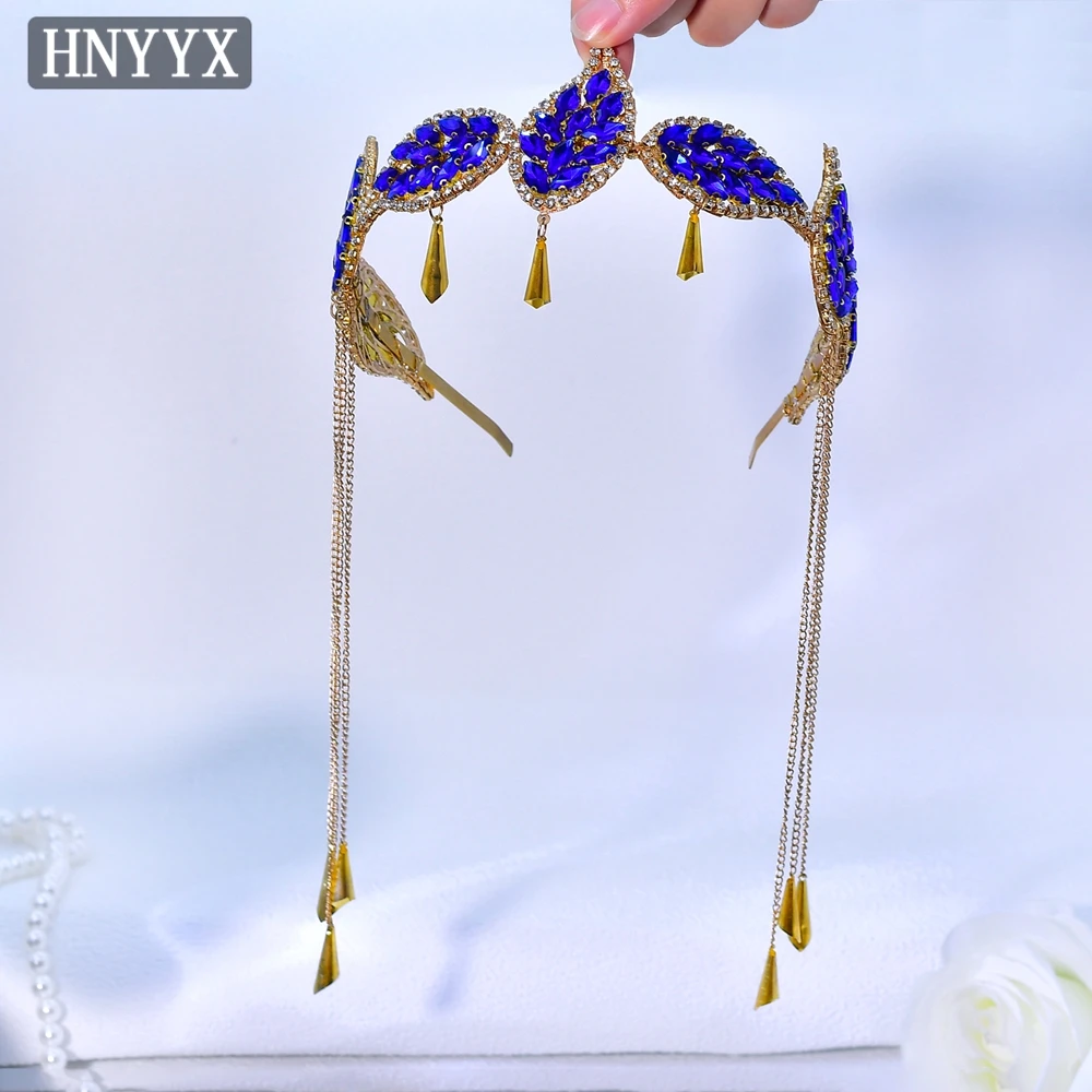 

HNYYX Glamour Women's Headband Luxury Blue Rhinestone Hairbands Atmosphere Tassel Headdress Performance Hair Accessories A365