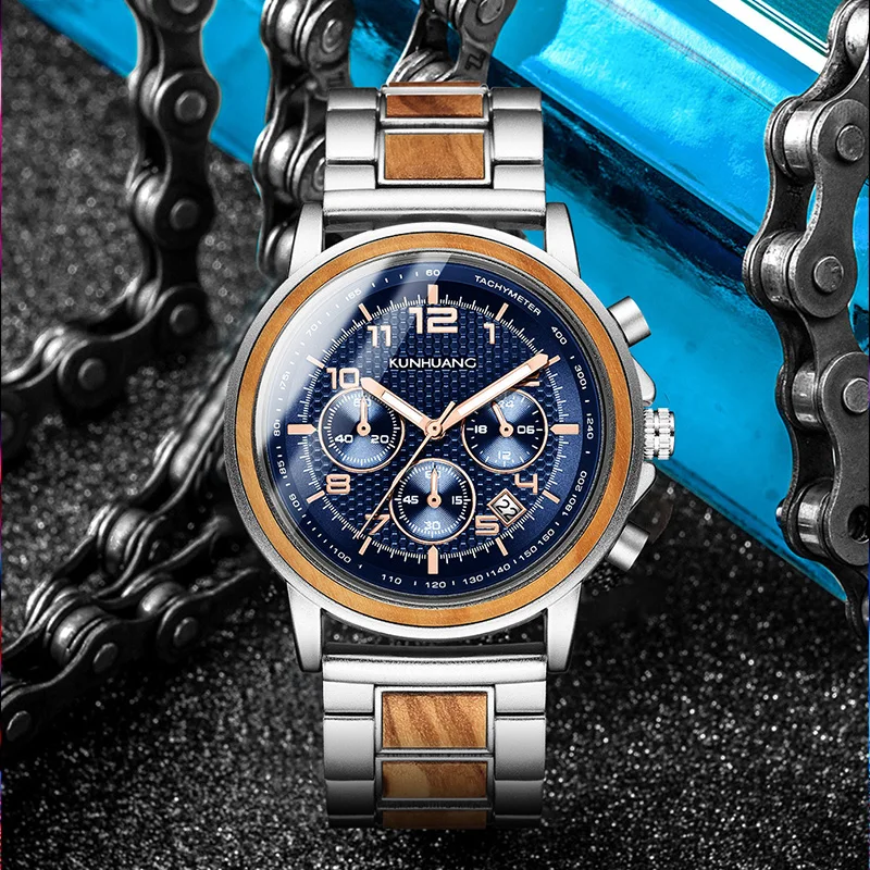 

KUNHUANG Wooden Strap Quartz Chronograph Watch - Stylish & Precise Timepiece for Trend - setters man‘s fashion wristwatch