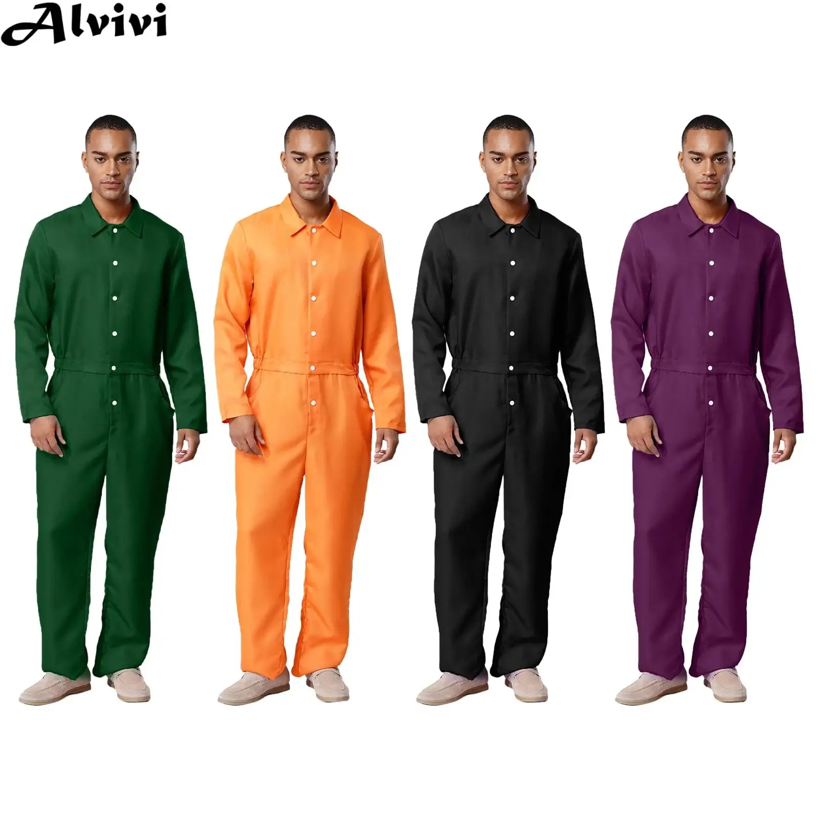

Men Women Halloween Prisoner Cosplay Costume Long Sleeve Button-down Inmate Jumpsuit Uniform Jailbird Convict Criminal Uniform