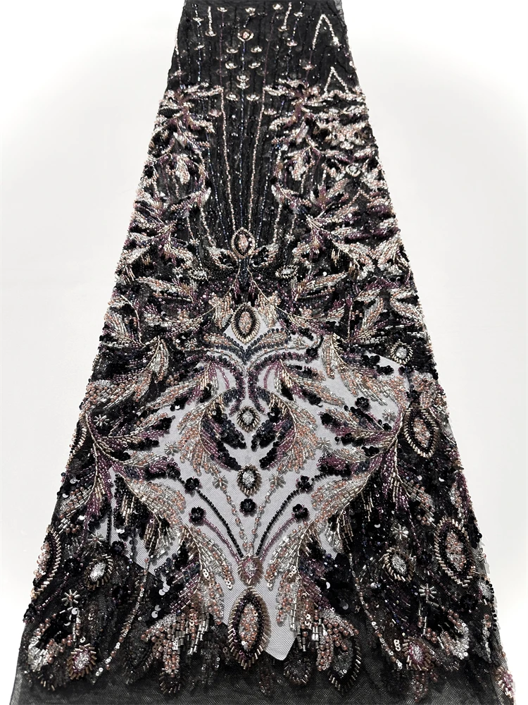 African Heavy Beaded Lace Fabric 2025 High Quality Nigerian Sequins French Tulle Fabric Material For Wedding Party Dress