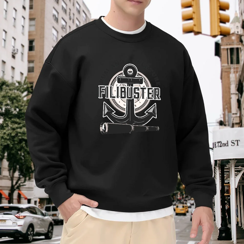 

Men's Black Crew Neck Long-Sleeve Sweatshirt with Vintage Anchor Letter Print Design, Loose Fit Street Casual Top, Versatile Trendy Pullover for Everyday Wear