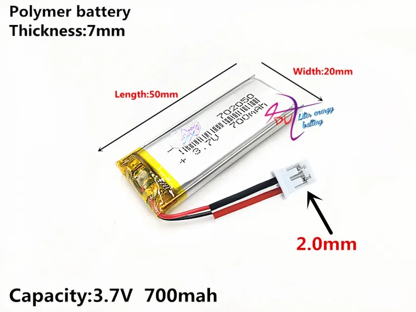 PH 2.0 2 핀 702050 3.7V 700MAH 범용 리튬 이온 배터리, 태블릿 pc 7 인치 8 인치 9 인치 헤드폰 DVD 전자 책 블루투스 카메라