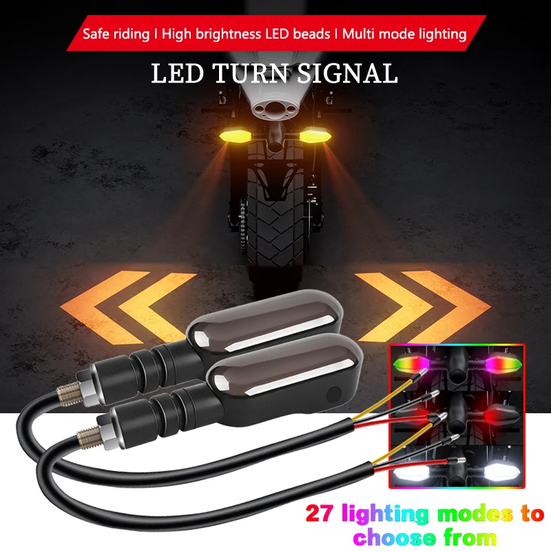 2PCS Motorcycle LED Turn Signal Lamp 27 Modes Color Projection Lamp Sequential Flowing Flash Indicator Lights Running Light